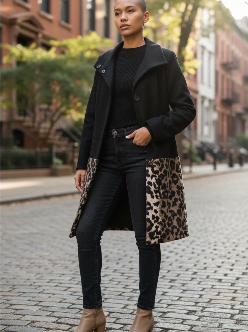 T Tahari Black Pea Coat with Leopard Print Panels